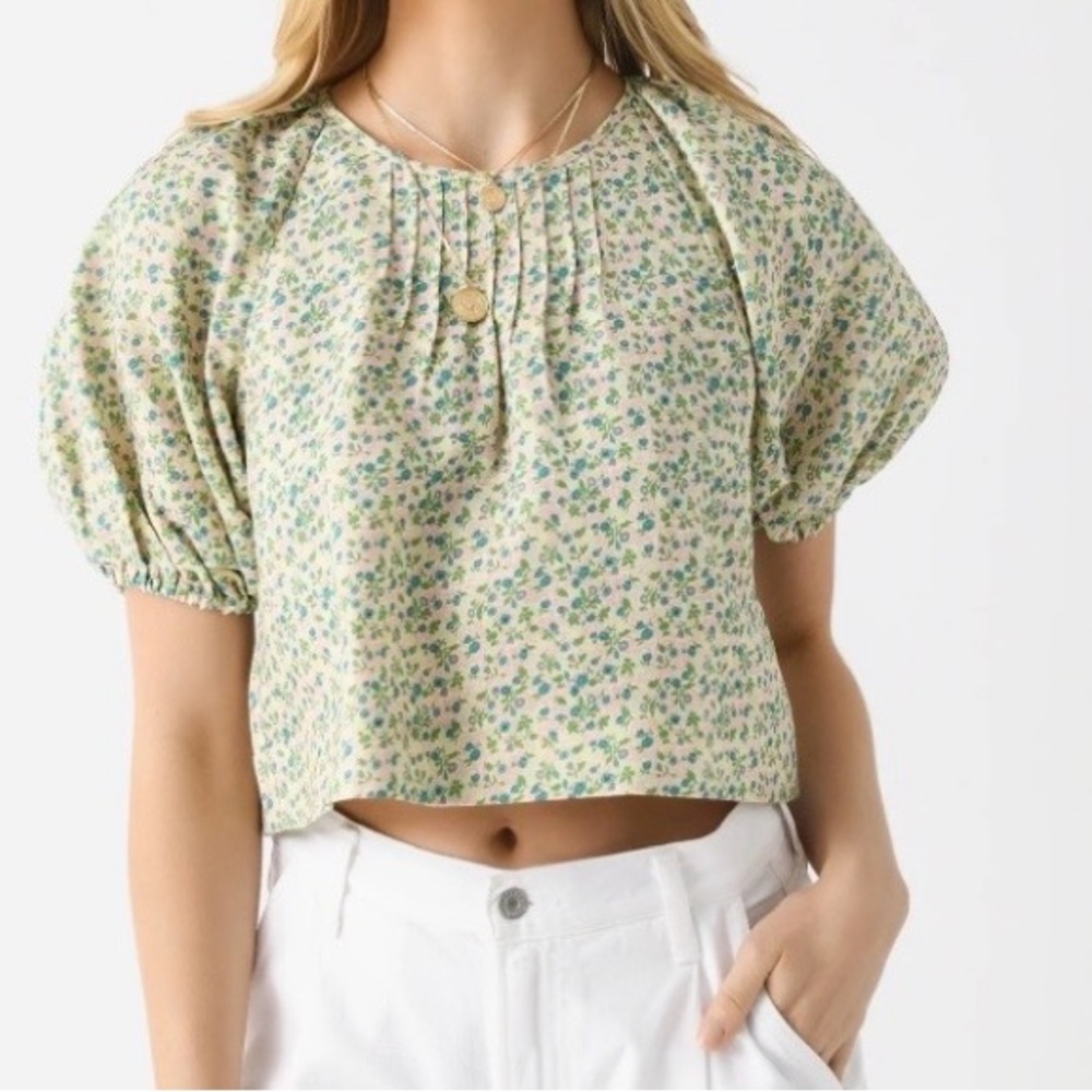 Hunter Bell Claudia Top Floral Puff-Sleeve Crop Top in Cream and Green
